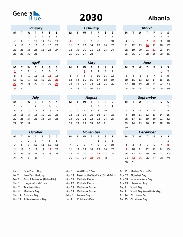 2030 Calendar for Albania with Holidays
