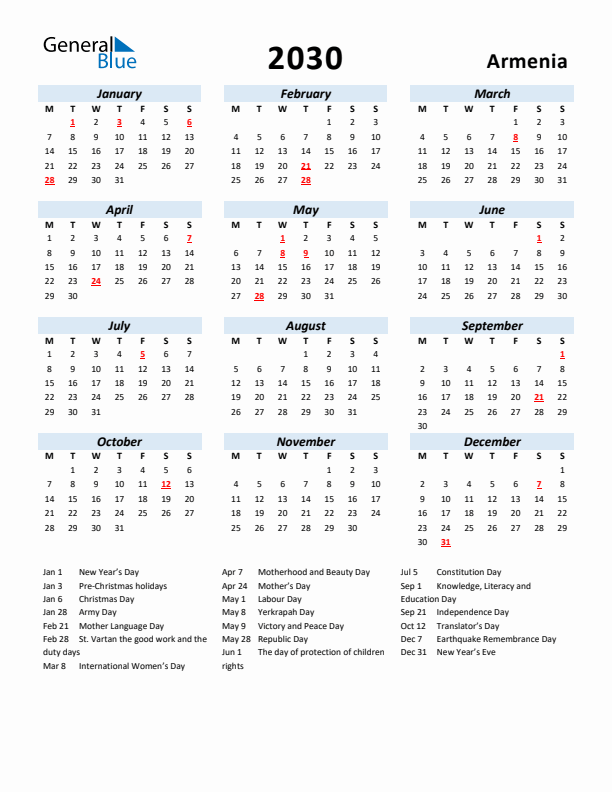 2030 Calendar for Armenia with Holidays