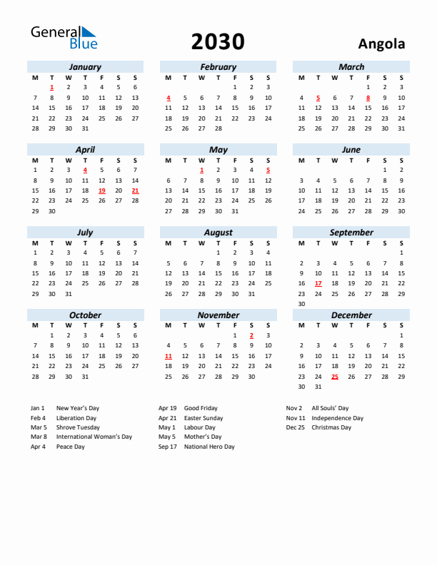 2030 Calendar for Angola with Holidays