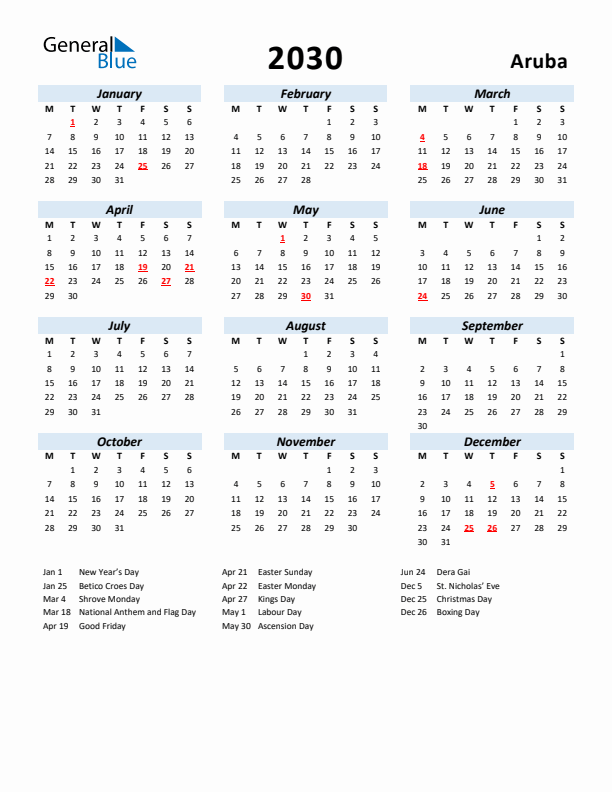 2030 Calendar for Aruba with Holidays