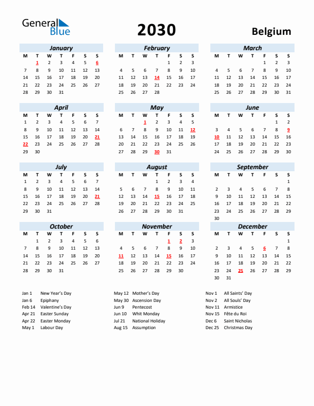 2030 Calendar for Belgium with Holidays