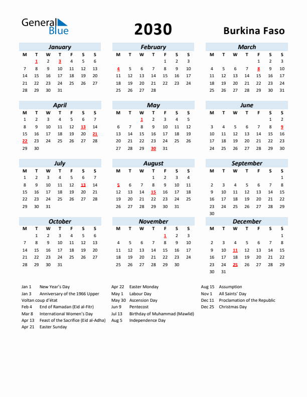 2030 Calendar for Burkina Faso with Holidays