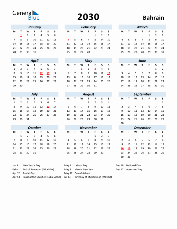 2030 Calendar for Bahrain with Holidays