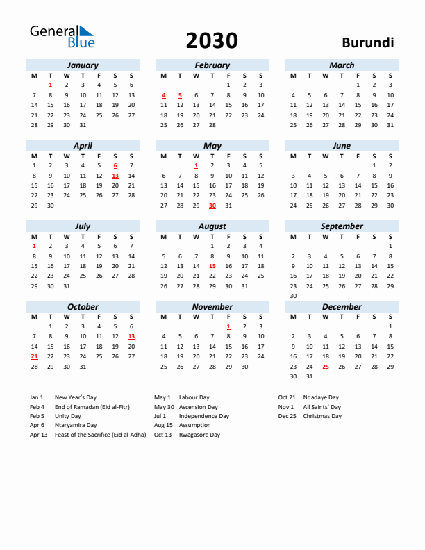 2030 Calendar for Burundi with Holidays