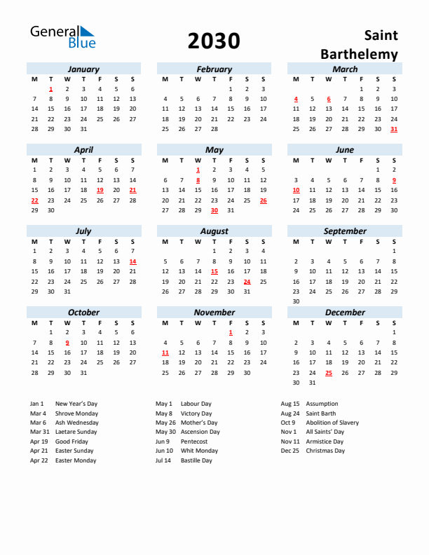 2030 Calendar for Saint Barthelemy with Holidays