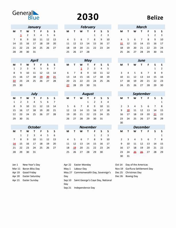 2030 Calendar for Belize with Holidays