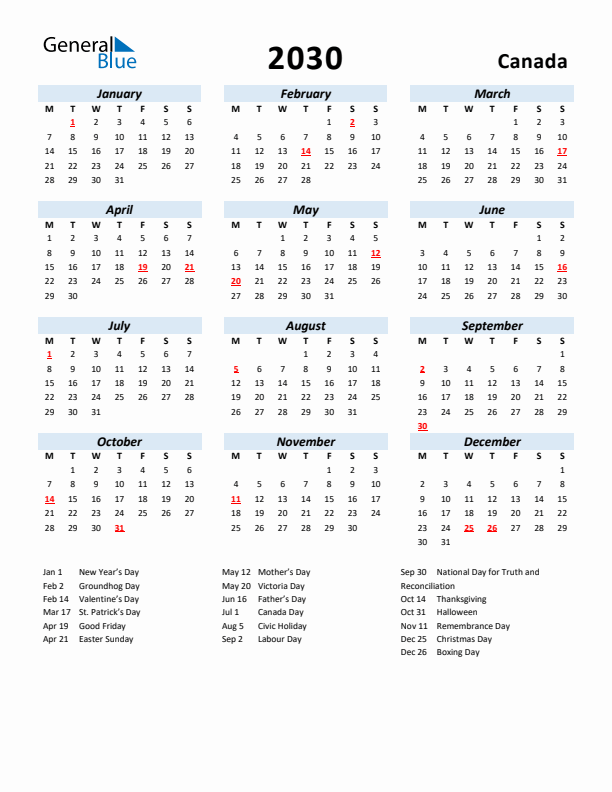 2030 Calendar for Canada with Holidays