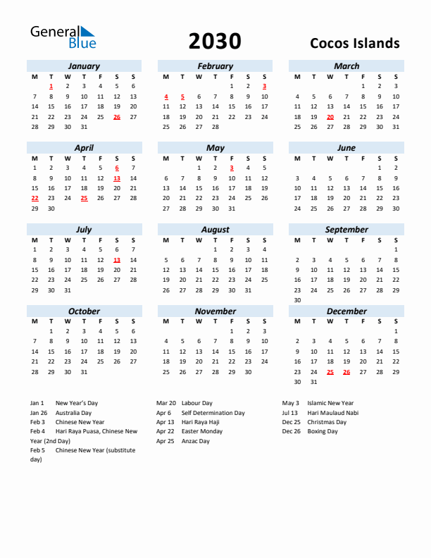 2030 Calendar for Cocos Islands with Holidays