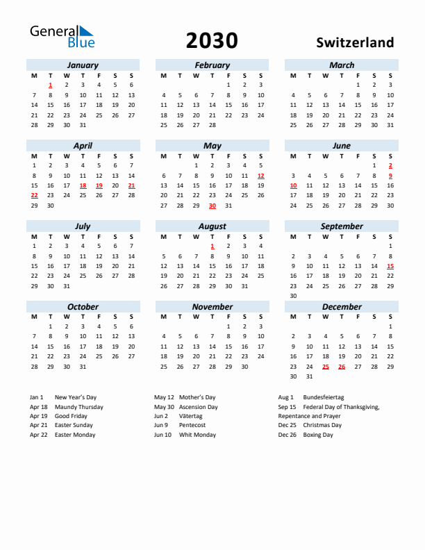 2030 Calendar for Switzerland with Holidays