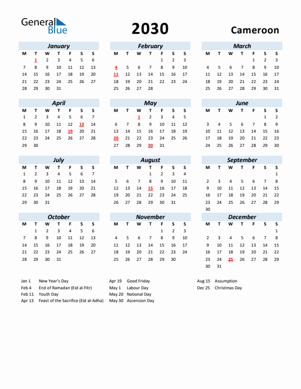 2030 Calendar for Cameroon with Holidays