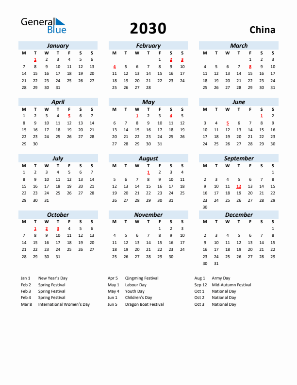 2030 Calendar for China with Holidays
