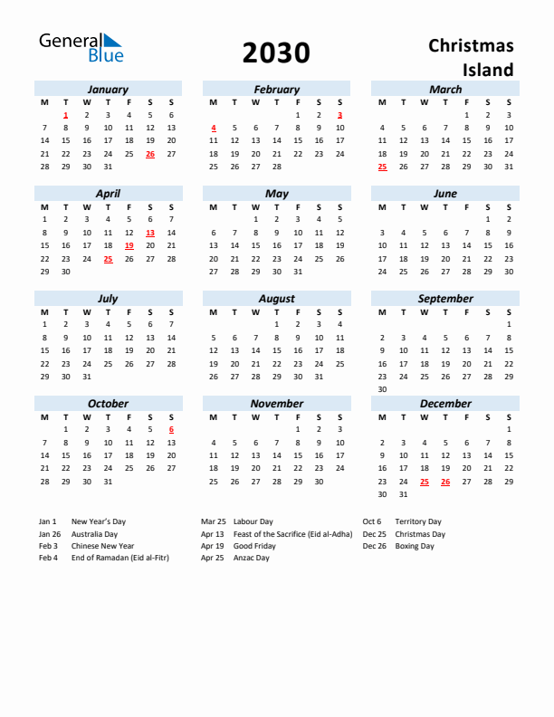 2030 Calendar for Christmas Island with Holidays