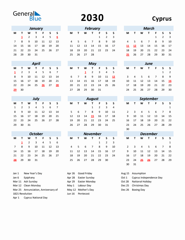 2030 Calendar for Cyprus with Holidays