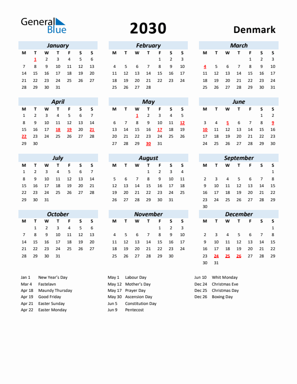 2030 Calendar for Denmark with Holidays