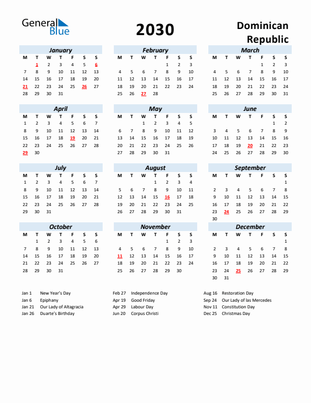 2030 Calendar for Dominican Republic with Holidays