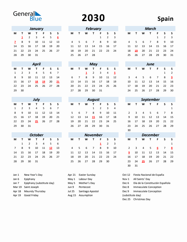 2030 Calendar for Spain with Holidays