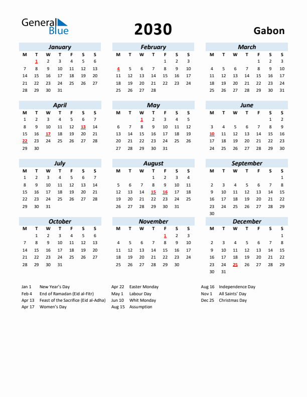 2030 Calendar for Gabon with Holidays