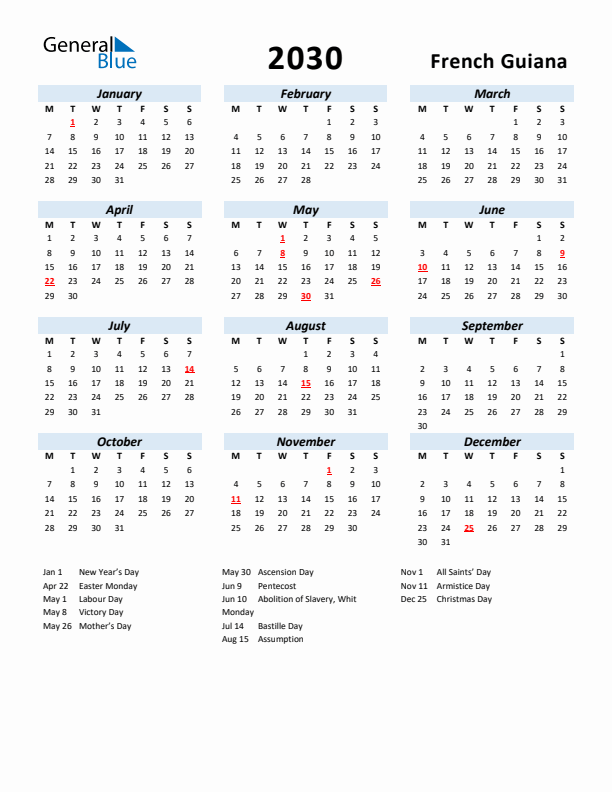 2030 Calendar for French Guiana with Holidays