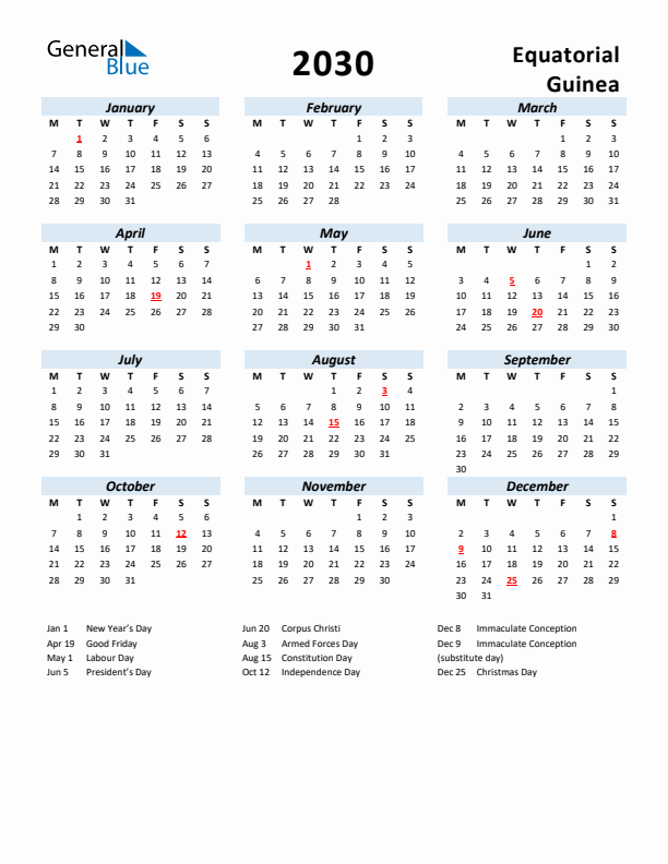 2030 Calendar for Equatorial Guinea with Holidays