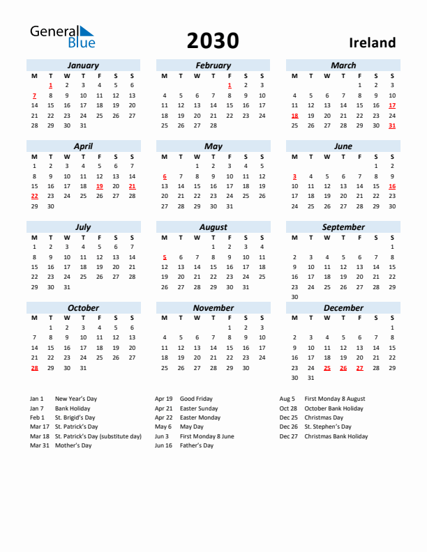 2030 Calendar for Ireland with Holidays