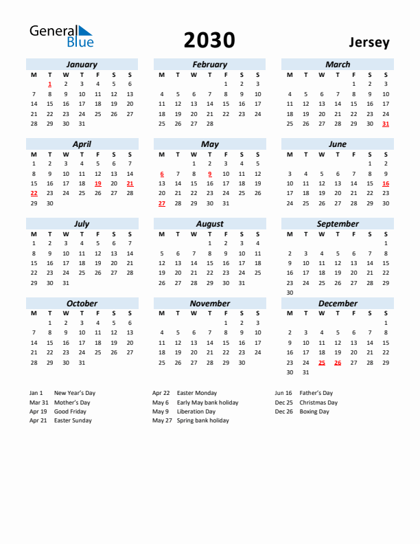 2030 Calendar for Jersey with Holidays