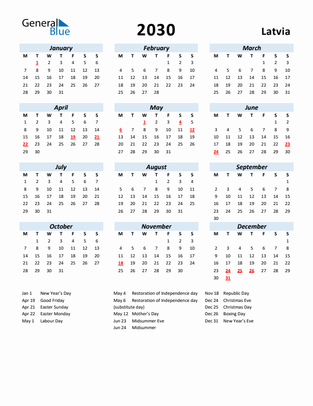 2030 Calendar for Latvia with Holidays