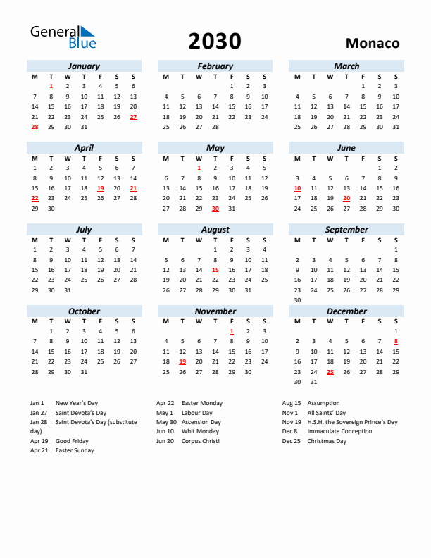 2030 Calendar for Monaco with Holidays