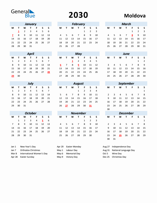 2030 Calendar for Moldova with Holidays