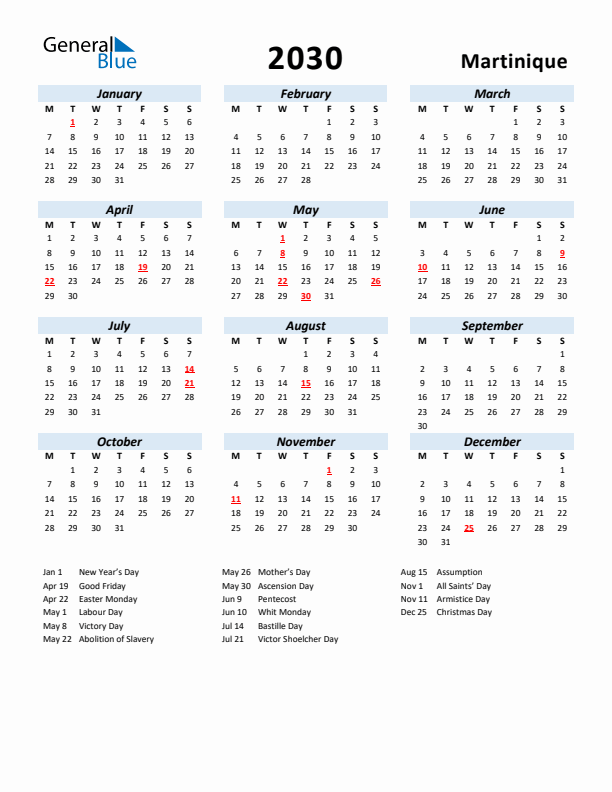 2030 Calendar for Martinique with Holidays