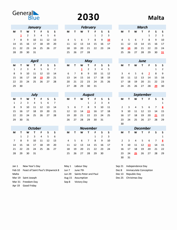 2030 Calendar for Malta with Holidays