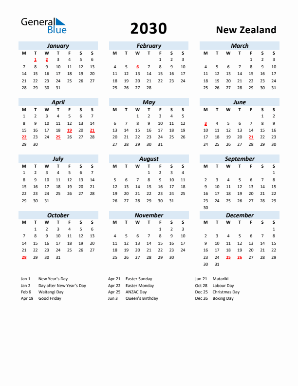 2030 Calendar for New Zealand with Holidays