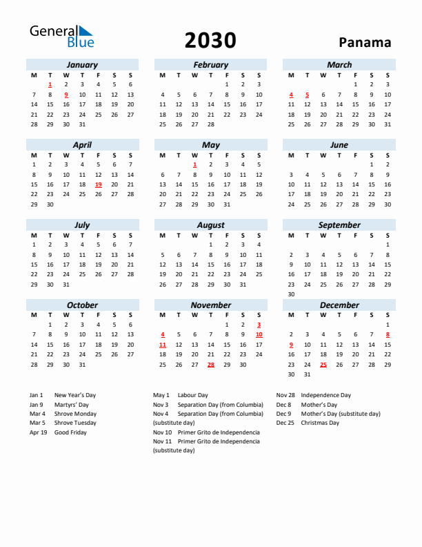 2030 Calendar for Panama with Holidays