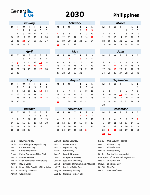 2030 Calendar for Philippines with Holidays