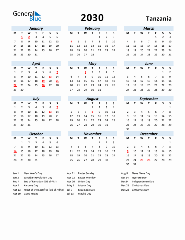 2030 Calendar for Tanzania with Holidays