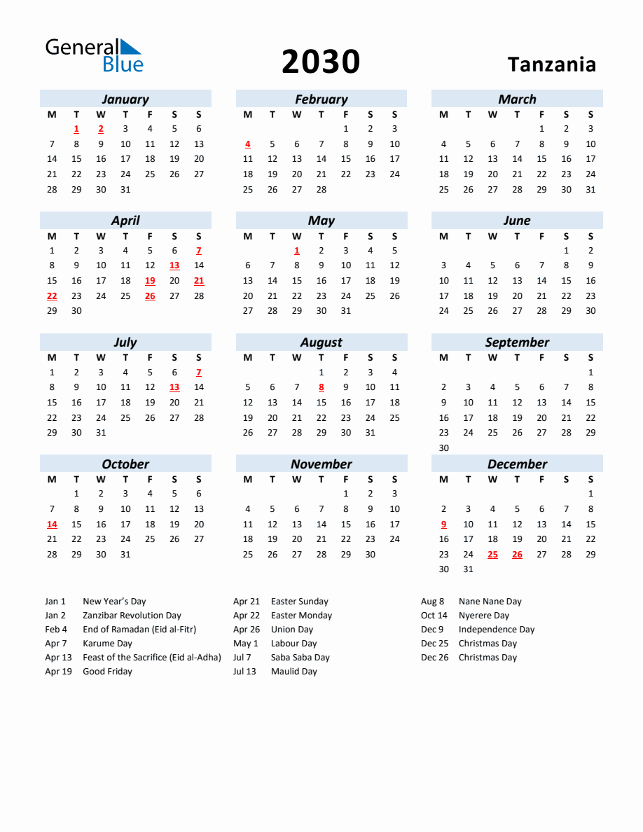 Calendar 2025 With Holidays Tanzania 