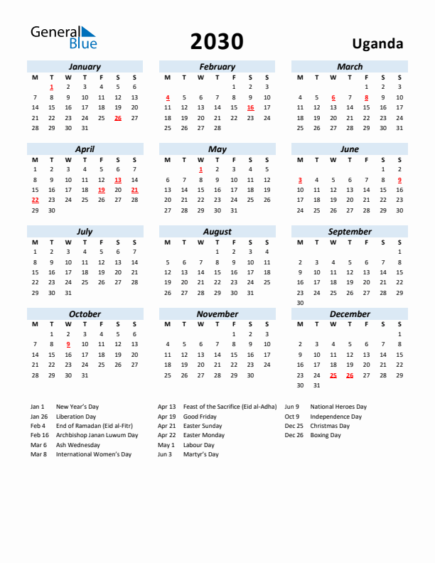 2030 Calendar for Uganda with Holidays
