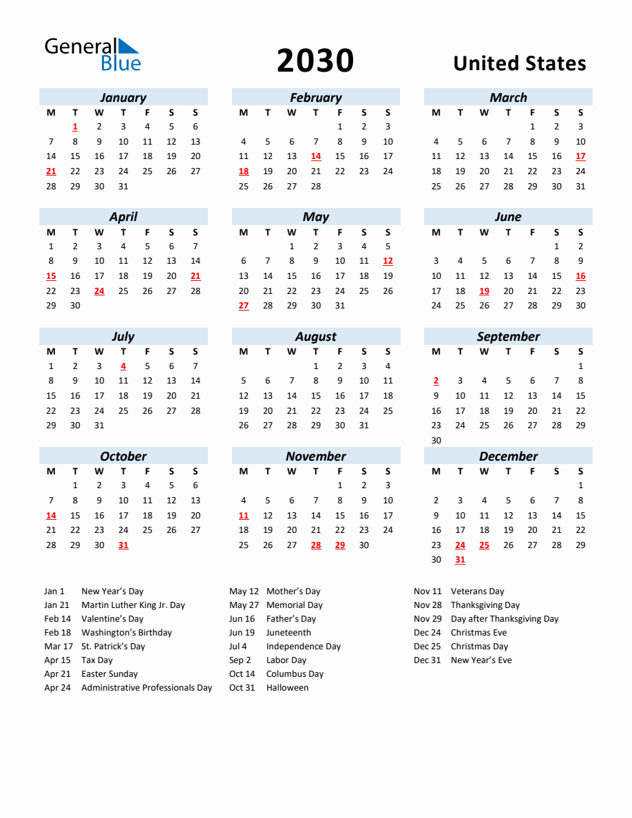 2030 Yearly Calendar for United States with Holidays