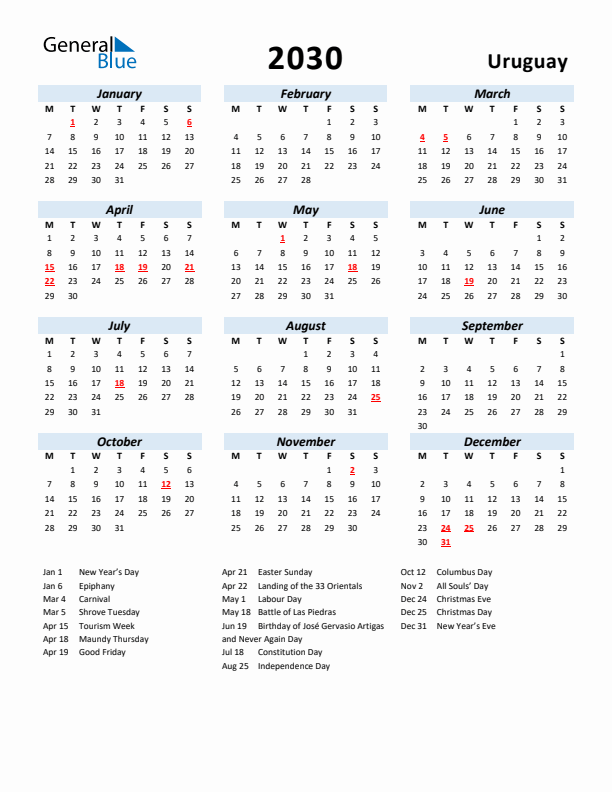 2030 Calendar for Uruguay with Holidays