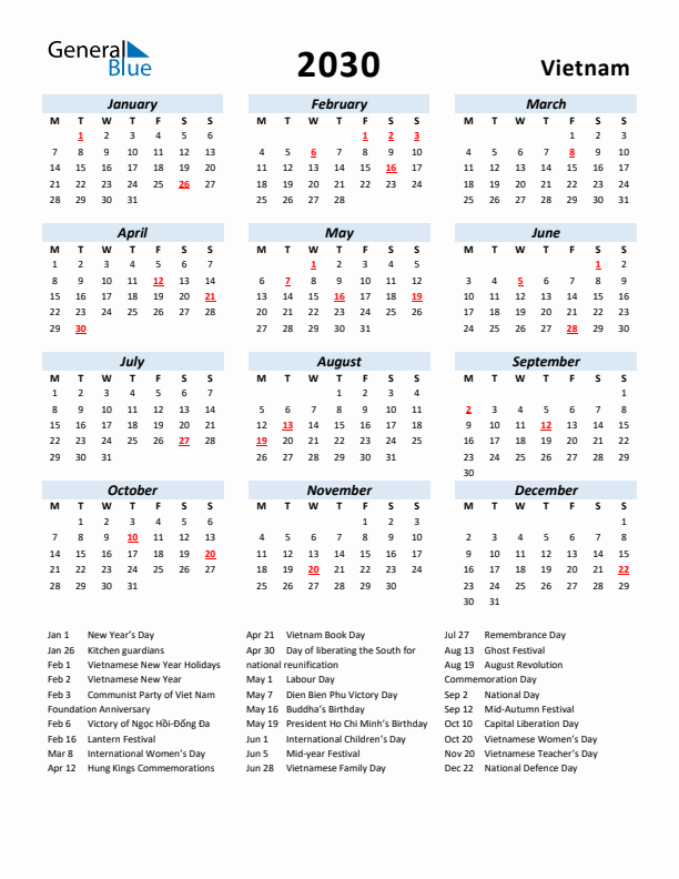 2030 Calendar for Vietnam with Holidays