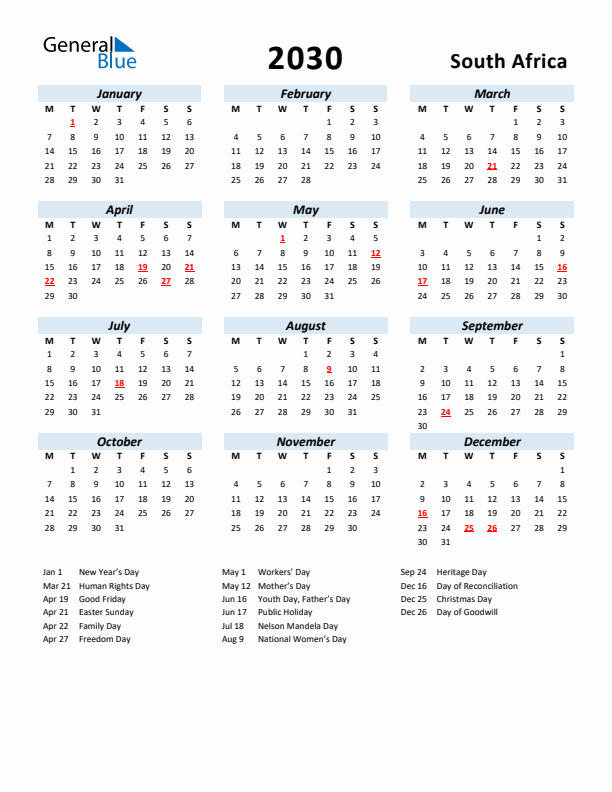 2030 Calendar for South Africa with Holidays