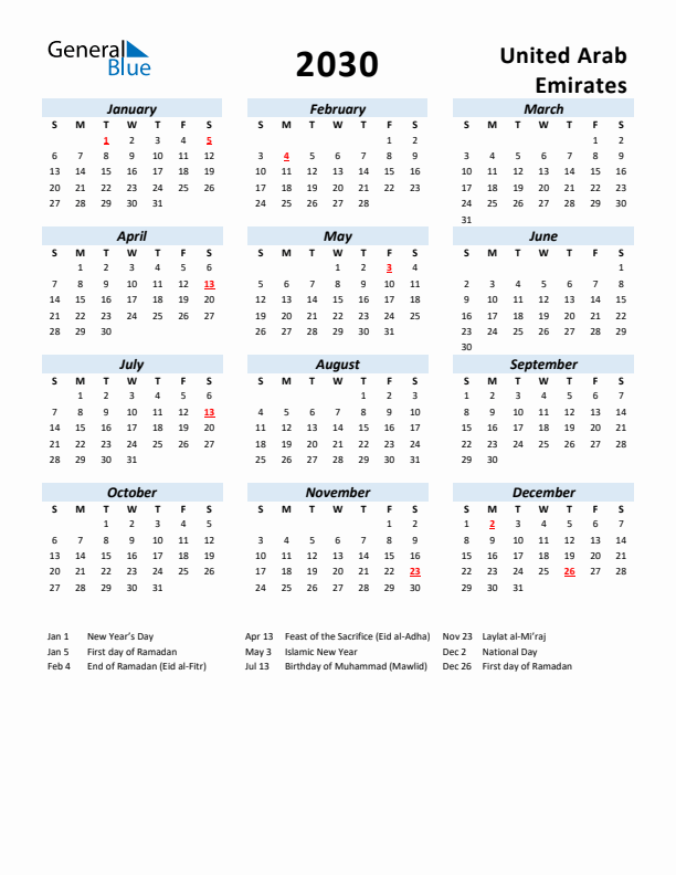 2030 United Arab Emirates Calendar With Holidays
