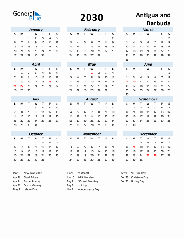 2030 Calendar for Antigua and Barbuda with Holidays