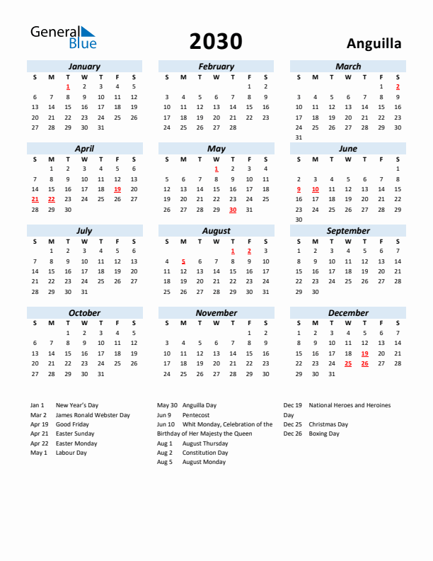 2030 Calendar for Anguilla with Holidays