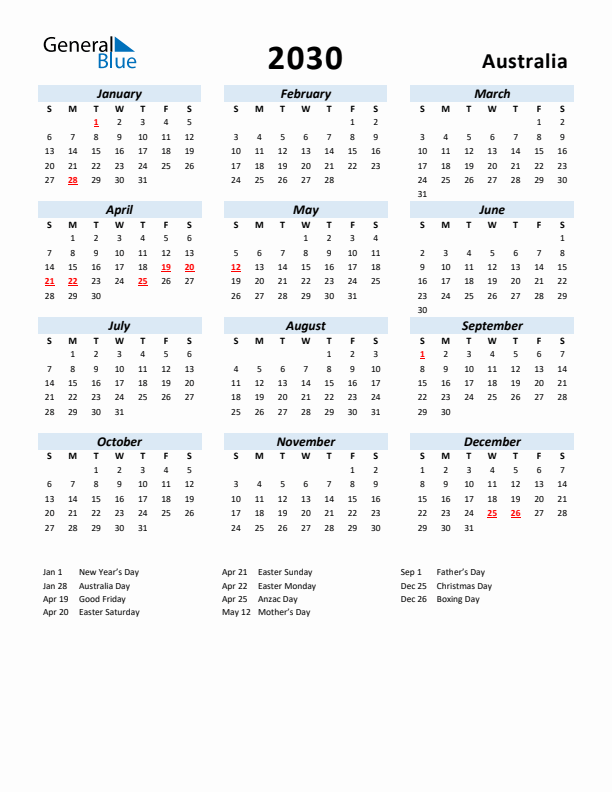 2030 Calendar for Australia with Holidays
