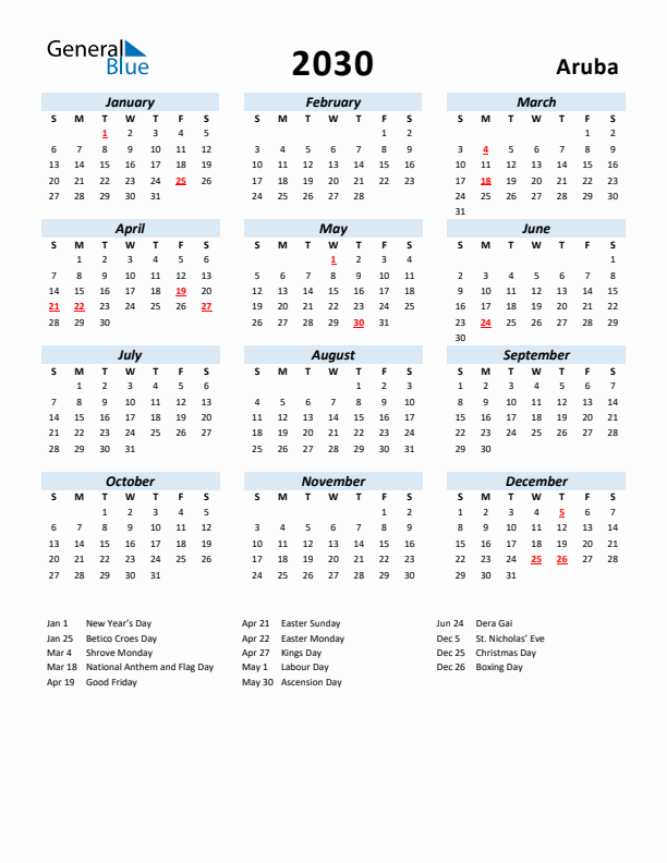 2030 Calendar for Aruba with Holidays
