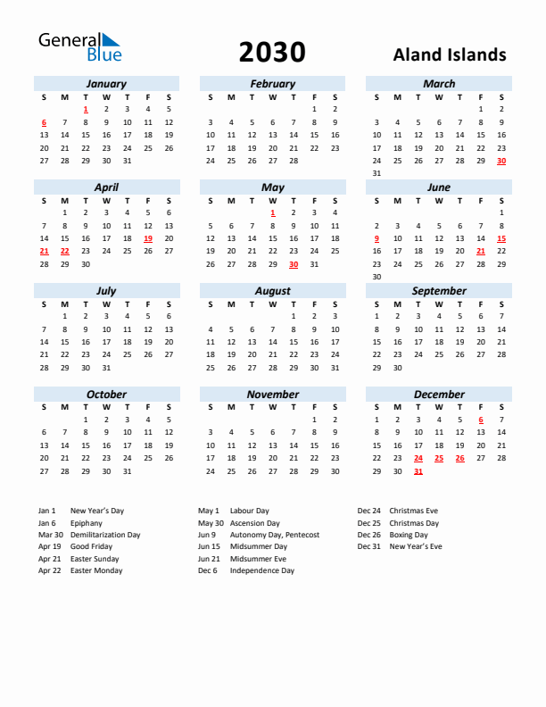 2030 Calendar for Aland Islands with Holidays