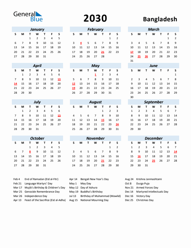 2030 Calendar for Bangladesh with Holidays