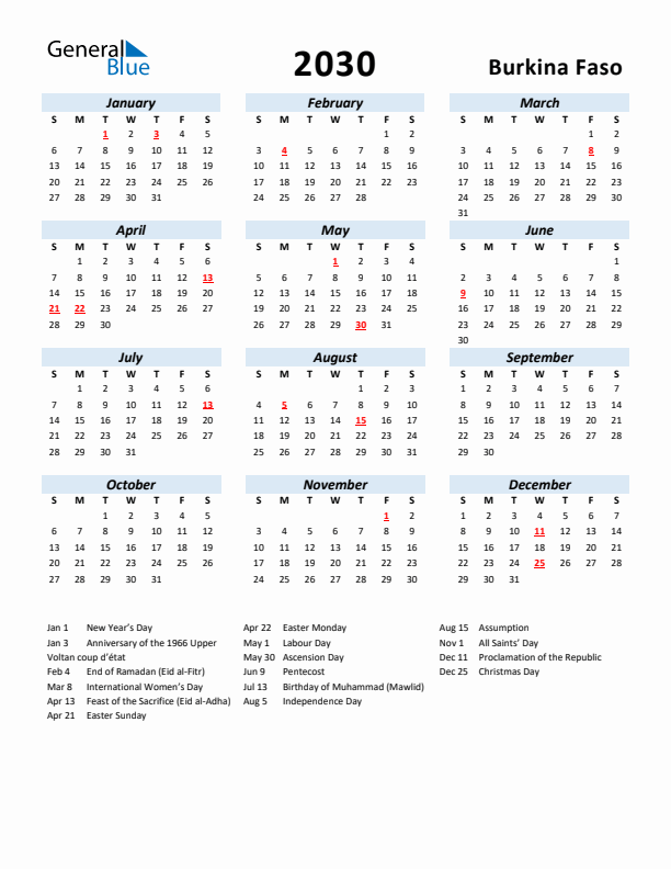 2030 Calendar for Burkina Faso with Holidays