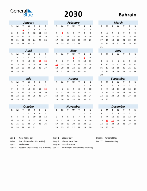 2030 Calendar for Bahrain with Holidays