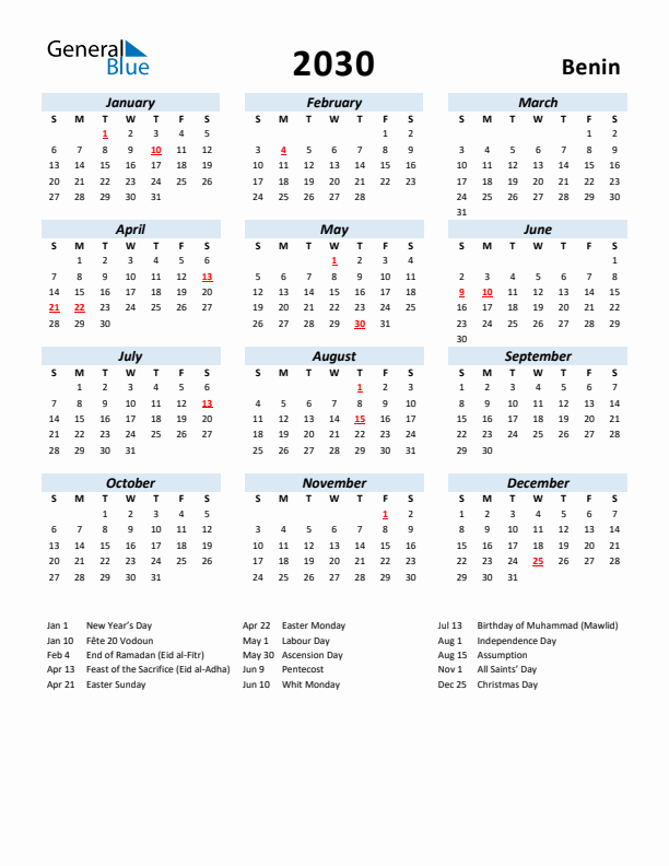 2030 Calendar for Benin with Holidays